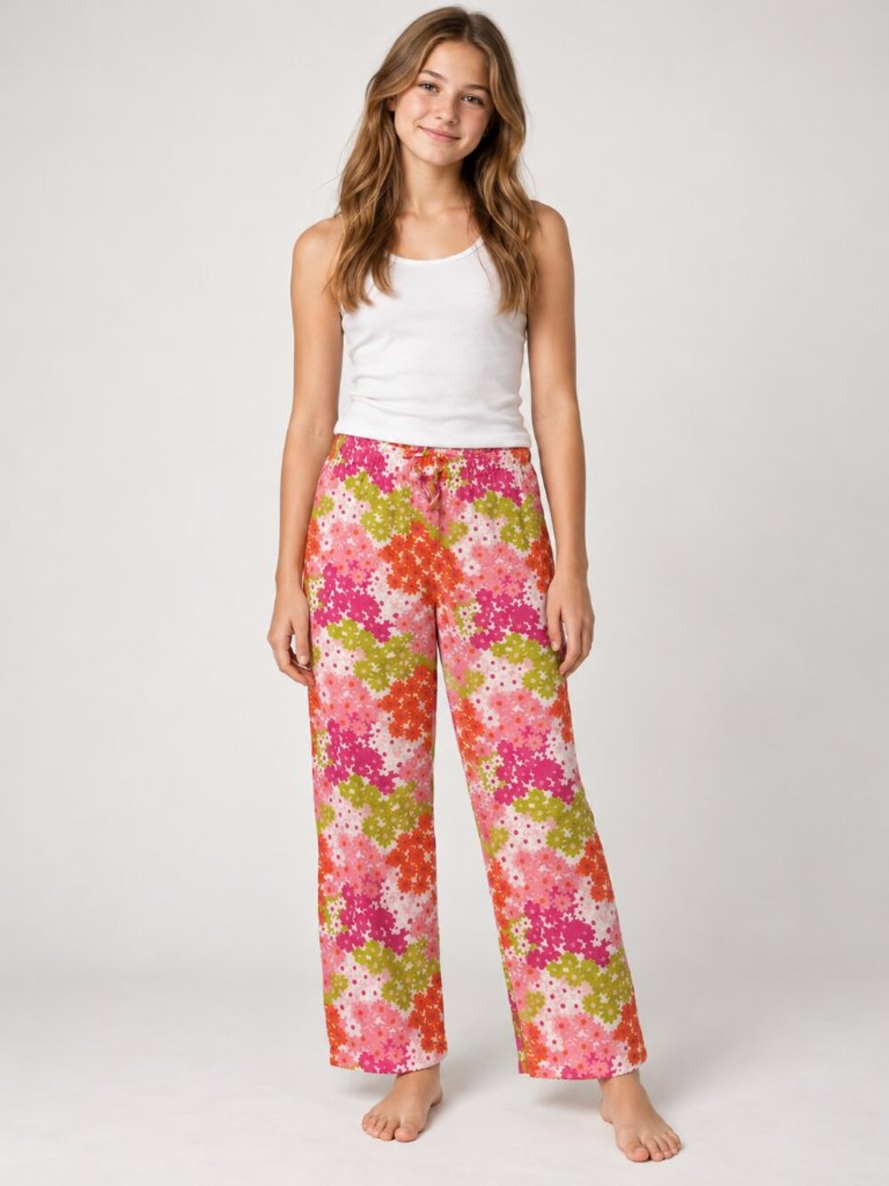 Boden Girls 13Y Pink Floral Cotton Pajama Pants Lounge Drawstring Wide Leg